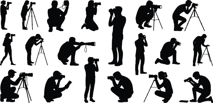 Photographer silhouettes collection showing professional camera shooting poses with tripod and telephoto lens, creative photography workflow