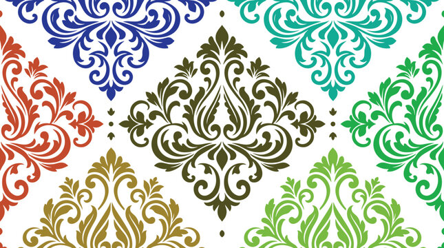 Seamless pattern featuring colorful ornate damask motifs arranged in a repeating grid on a white background