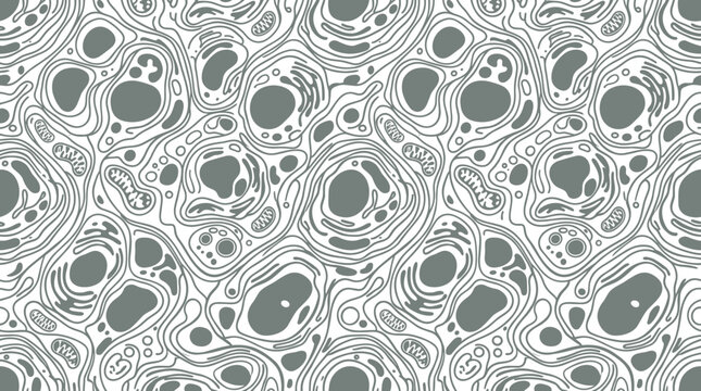 Seamless pattern of biological cell structures with nuclei and organelles in grey and white tones for scientific backgrounds