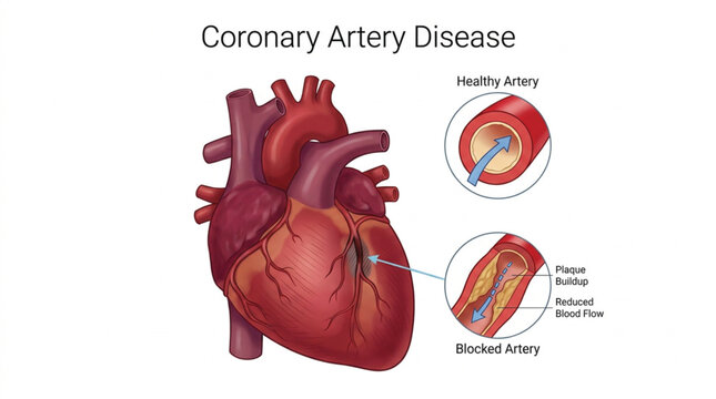 Coronary artery disease is illustrated through a detailed comparison of a clear vessel versus a blocked arterial path.