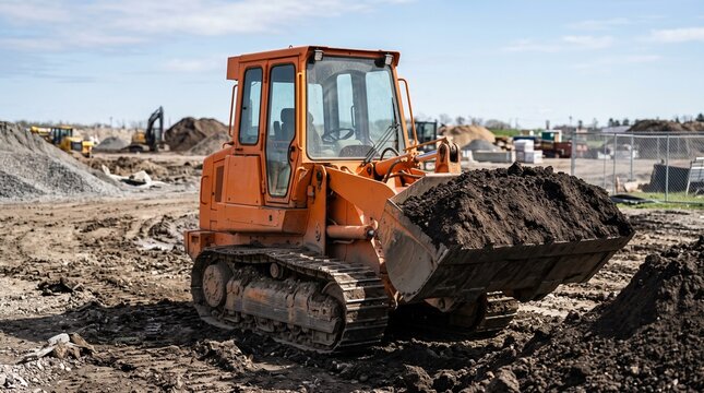An orange bulldozer on a construction site.
