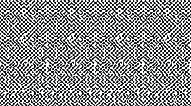 Black and white abstract geometric pattern featuring a continuous maze-like network of interconnected lines and rounded nodes