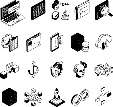 Software engineering and information technology isometric icon set with data science, software devel