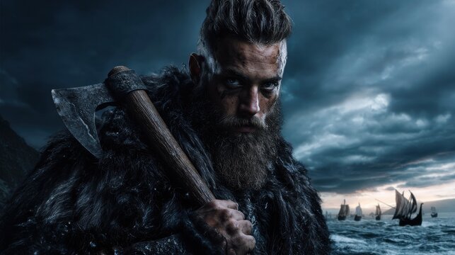 A bearded warrior on a stormy cliff holding a battle axe