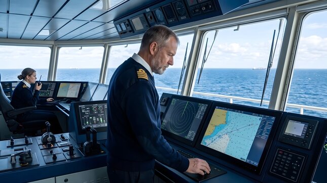 Cargo ship captain monitoring navigation systems while transporting international freight across global shipping routes.