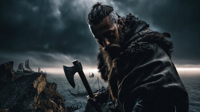 A bearded warrior on a stormy cliff holding a battle axe