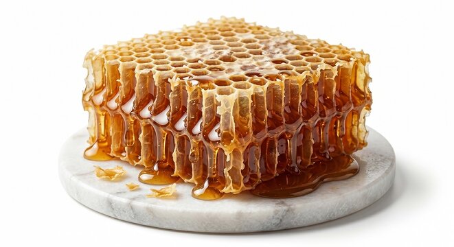 The honeycomb dessert sits on a marble plate up 4 inches high.