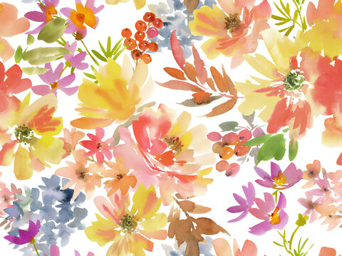 Watercolor Autumn floral and leaves seamless pattern on a transparent background for fabric, stationary, wrapping paper and surface design