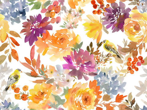 Watercolor Autumn botanical seamless pattern with abstract hand painted dahlia, wild flowers, Autumn leaves and birds on a transparent background for fabric, wedding invitation and surface design