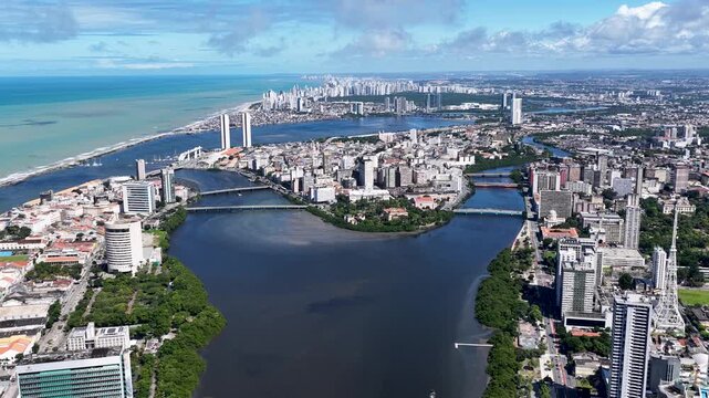 Recife Skyline In Recife Pernambuco Brazil. Amazing Skysrapers And Traffic On Street Viewed From Above. Town Sky Background Backgrounds Urban. Town Drone View Downtown Famous. Recife Pernambuco.
