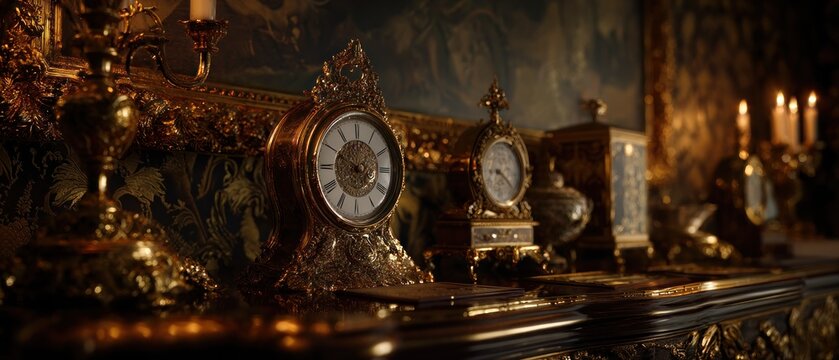 Vintage clocks and candelabra on a shelf