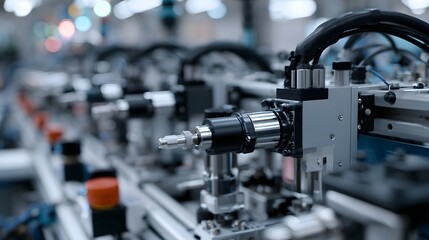 Fototapeta premium An elegant diagonal view of a modern factory assembly line highlighting crisp clarity and fine details in industrial hinery