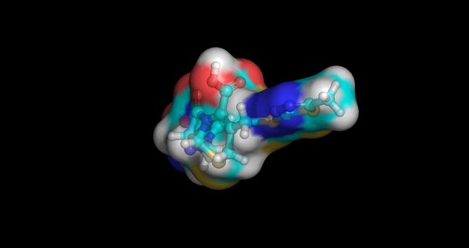 Cefazolin, first-generation cephalosporin antibiotic agent for bacterial infection treatment and surgical prophylaxis, 3D molecule spinning, 4K