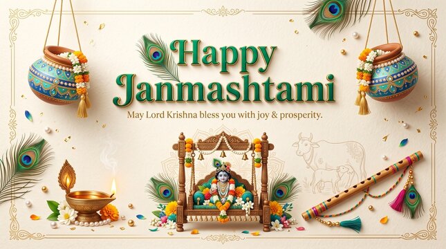3D Happy Janmashtami premium typography banner with blue and gold ornate clay pots hanging dahi handi and traditional line art