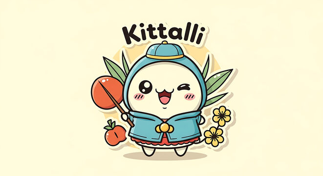 Cute cartoon character Kittalli in blue outfit holding a ball surrounded by flowers and fruit transparent background