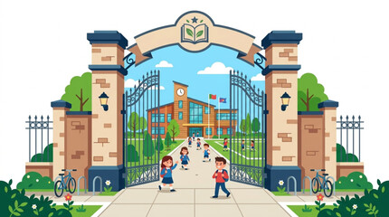 Fototapeta premium Grand ornate entrance gate to a beautiful educational institution with students walking towards a classic building under a bright sunny sky