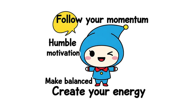 Cute cartoon character with motivational phrases and colorful design elements on white background transparent background