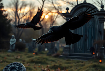Obraz premium Two ravens flying over a cemetery at sunset