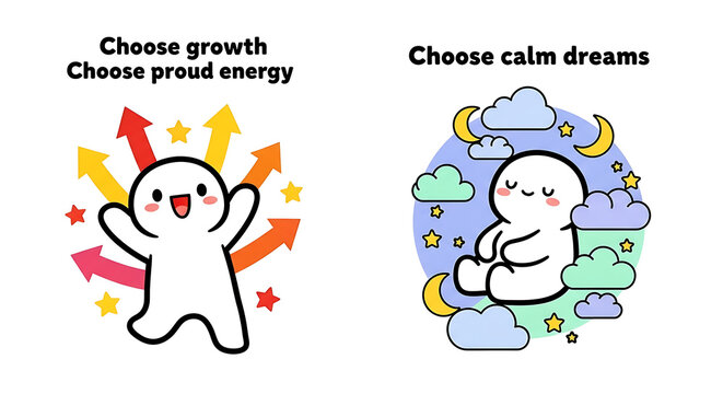 Cute cartoon characters representing growth and calmness in colorful illustrations with arrows and clouds transparent background