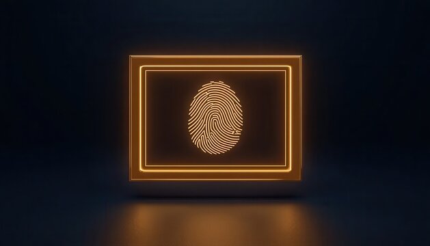Glowing digital fingerprint icon inside frame on dark background with fingerprint identity biometric security authentication technology scanning protection verification biometrics abstract