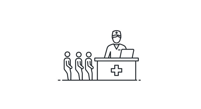 Doctor with patients in queue at reception desk, medical clinic, healthcare concept