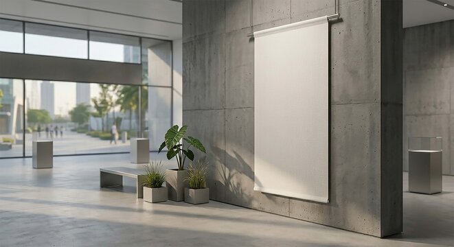 A large blank poster hangs on a concrete wall in a modern lobby with plants and a city view through large windows up 10 floors high.