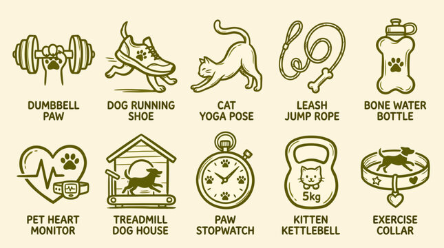 Set of pet fitness and exercise icons, including dumbbell, running shoe, cat yoga, leash, water bottle, heart monitor, treadmill, stopwatch, kettlebell, and collar