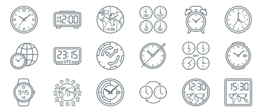 Collection of international world time and clock line icons for global scheduling and business management