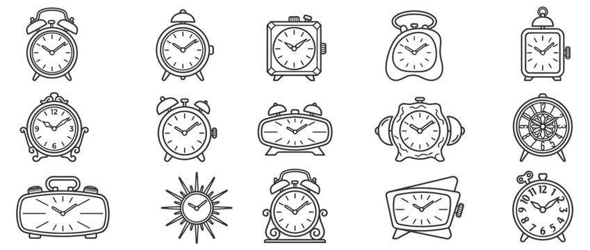 Collection of diverse vintage and modern alarm clock icons in minimalist line art style