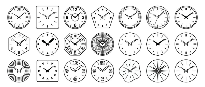 Collection of minimal clock face icons in various geometric shapes and styles