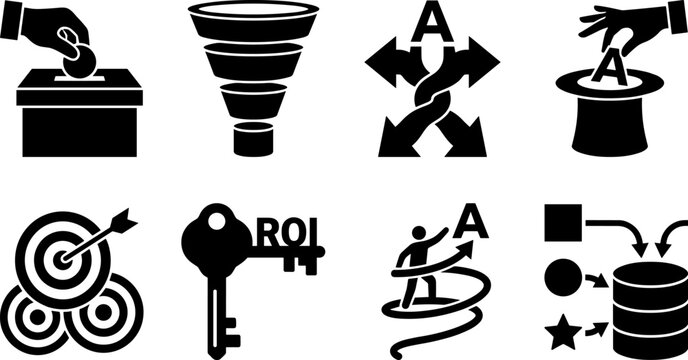 Business and marketing concept icons set with ROI, creativity, data integration, funnel, and goal achievement silhouettes