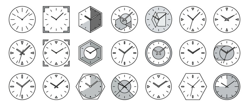 Collection of Minimalist Analog Clock Face Icons in Various Geometric Shapes