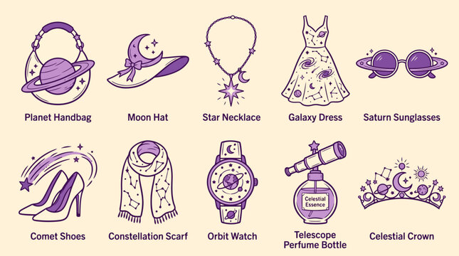 Set of celestial fashion accessories and items, including planet handbag, moon hat, star necklace, galaxy dress, saturn sunglasses, comet shoes, constellation scarf, orbit watch, telescope perfume bot