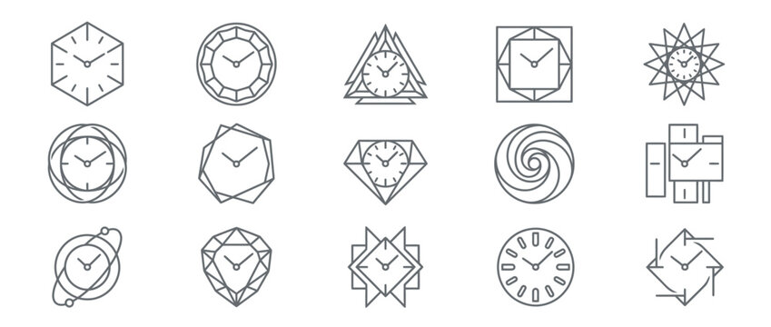 Collection of Minimalist Geometric Clock and Watch Face Icons in Line Art Style