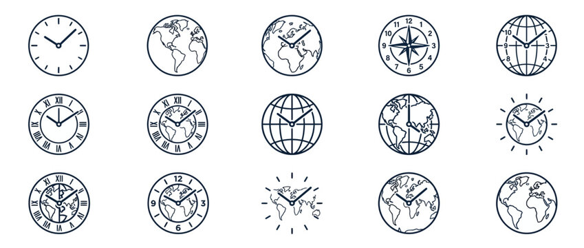 Collection of minimalist world clock icons with globes and maps