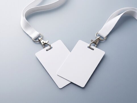 Two blank identification cards on white lanyards on a gray surface