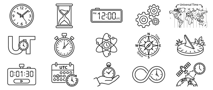 Comprehensive Collection of Time Measurement and Universal Time Line Icons
