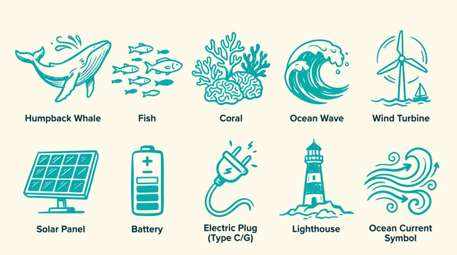 Set of ocean life, renewable energy, and power icons including humpback whale, fish, coral, ocean wave, wind turbine, solar panel, battery, electric plug, lighthouse, and ocean current symbol