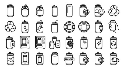 Fototapeta premium Minimal Black Line Soda Can Icons for Beverage Packaging and UI Vector Design