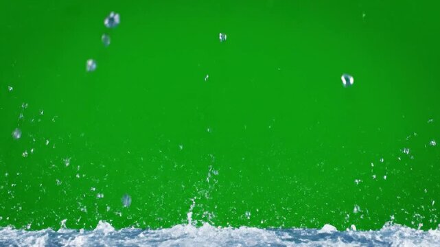 A large water splash crown against a green screen