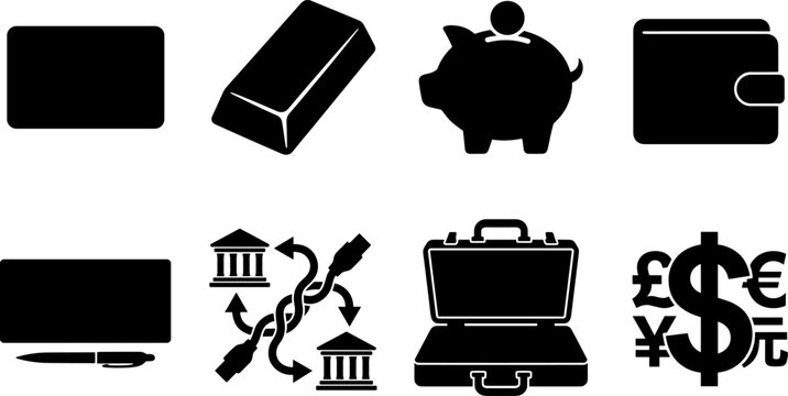 Finance and banking icons set with credit card, piggy bank, wallet, gold bar, bank transfer, and currency symbols silhouettes