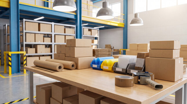 Bright Ecommerce Packing Station for Order Fulfillment with Copy Space