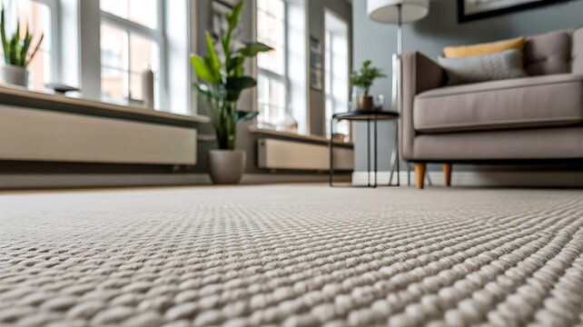 Clean modern living room with fresh vacuumed carpet and natural light