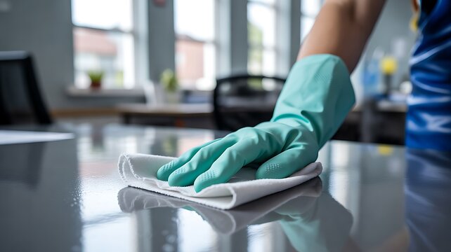 Professional hand wiping office desk with microfiber cloth for hygiene