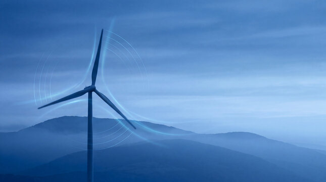 Wind Turbine with Digital Particle Flow in Blue Landscape and Copy Space