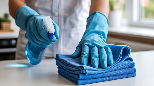 Professional cleaning with disinfectant spray and microfiber cloth