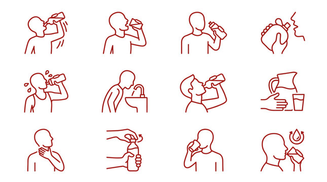 People drinking water and staying hydrated linear icon set