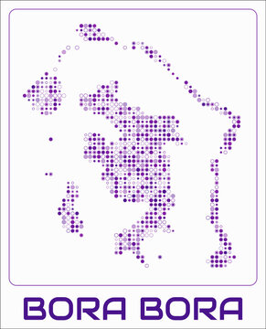 Bora Bora digital style map. Small circle dots on white background. Dotted shape of the island. Vector map and title. Vibrant vector illustration.