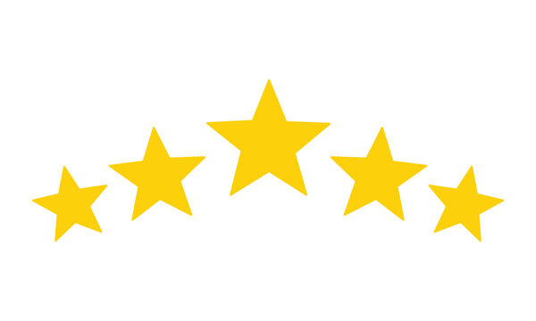 Five yellow stars in curved arc formation with different sizes for rating decoration on transparent background success award symbol excellence quality ranking icon achievement sign review graphic.