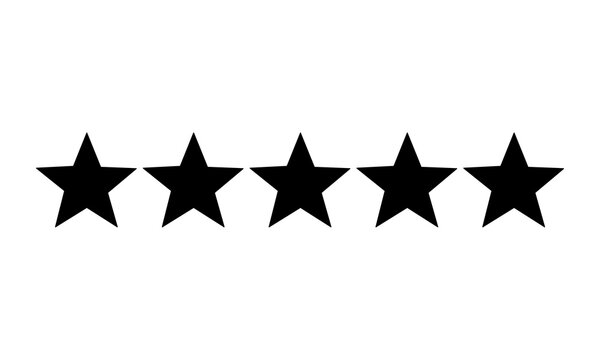 Five black stars in straight horizontal line design element for rating decoration on transparent background success award symbol excellence quality ranking icon achievement sign review minimalist.